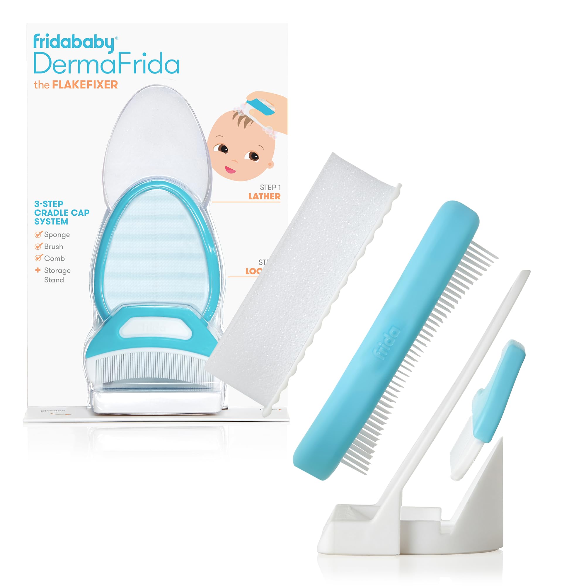 Frida The 3-Step Cradle Cap System, DermaFrida FlakeFixer, White-Blue | Sponge, 