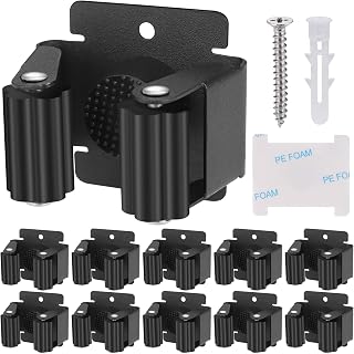 Hejo 10 Pack Mop Broom Holder, Heavy Duty Brush Holder Wall Mounted (Black) | Stainless Steel Mop and Brooms Holders Storage Rack Brush Organiser Tidy Clamp for Garden Garage Bathroom