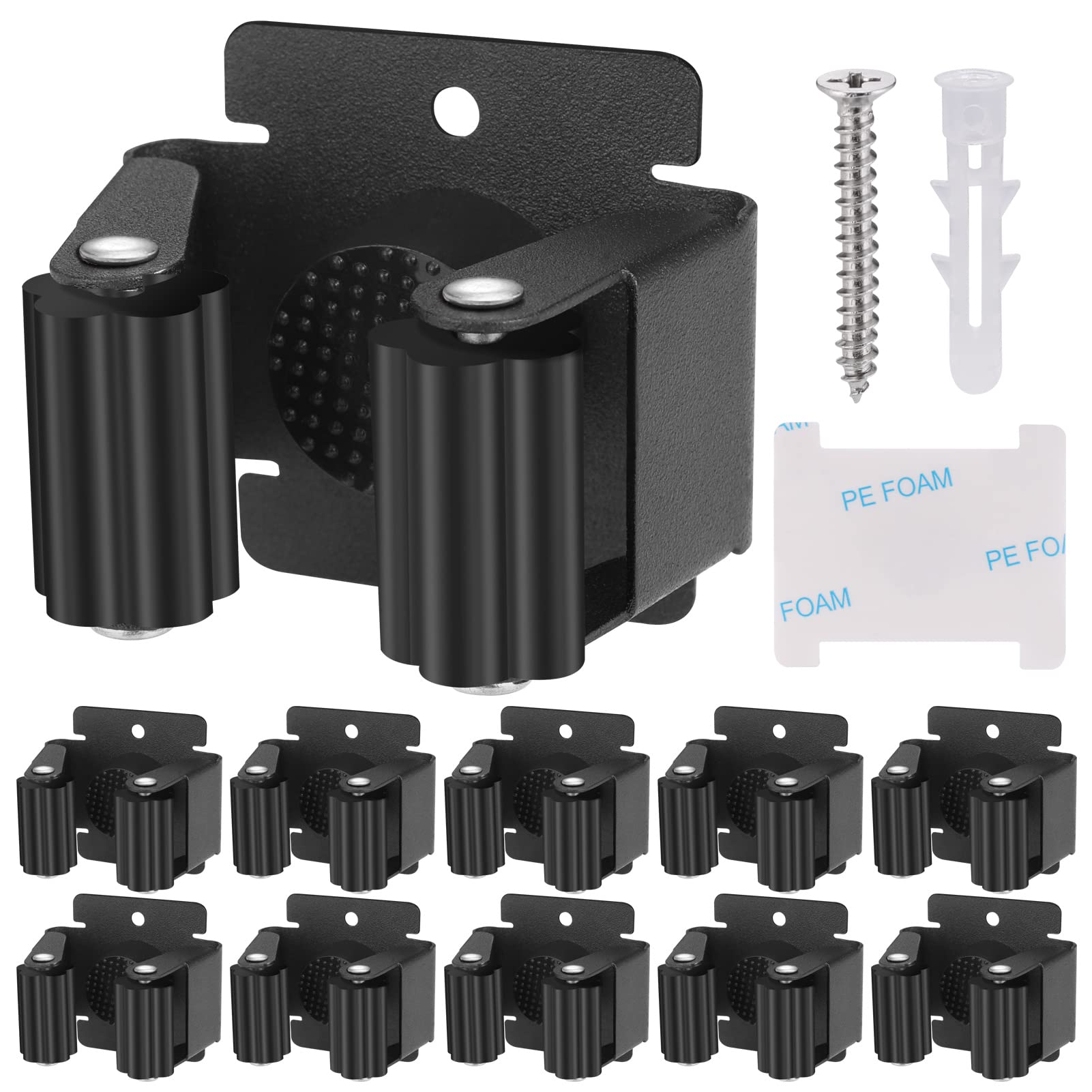 Hejo 10 Pack Mop Broom Holder, Heavy Duty Brush Holder Wall Mounted (Black) | St