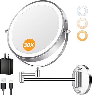 Auxmir 9" Wall Mounted Mirror, 5000mAh Lighted 1X/30X Magnifying, Chrome | Double-Sided Makeup Mirror with 3 Color Dimmable & Touch Control, 360° Swivel Extended Arm, Rechargeable, LED Lighting
