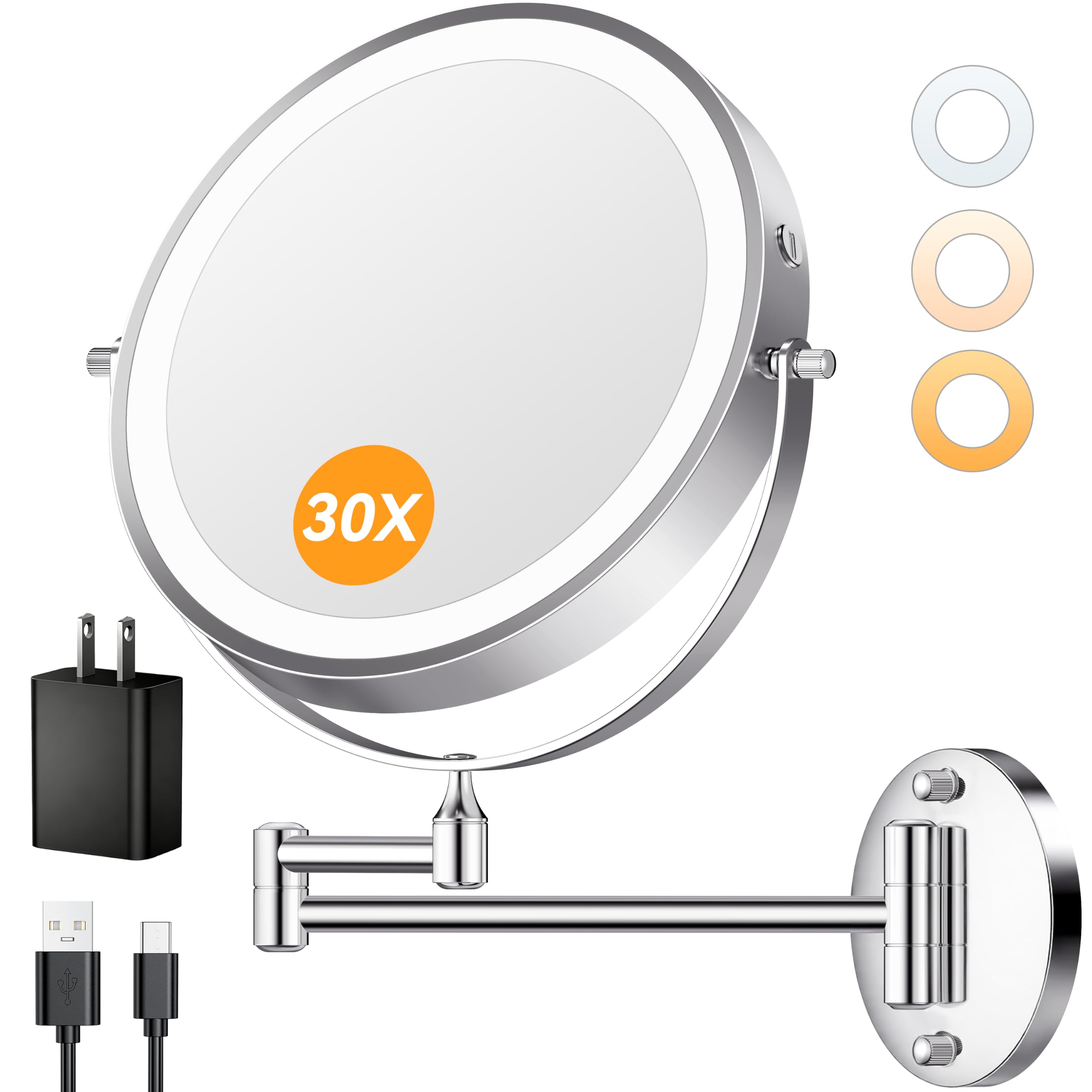 Auxmir 9" Wall Mounted Mirror, 5000mAh Lighted 1X/30X Magnifying, Chrome | Doubl