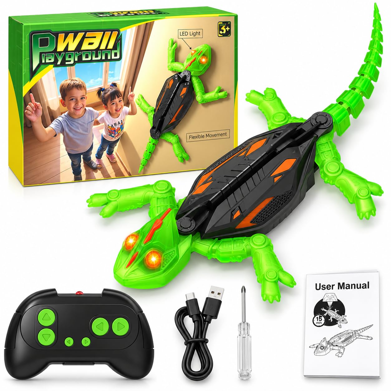 Cool Wall-Climbing Gecko Toy for Kids 4+ RC Remote Control Toy ith LED Light USB