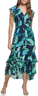 Tommy Hilfiger Women's Flutter Sleeve V-Neck Ruffle Trim Hi-Lo Midi Dress