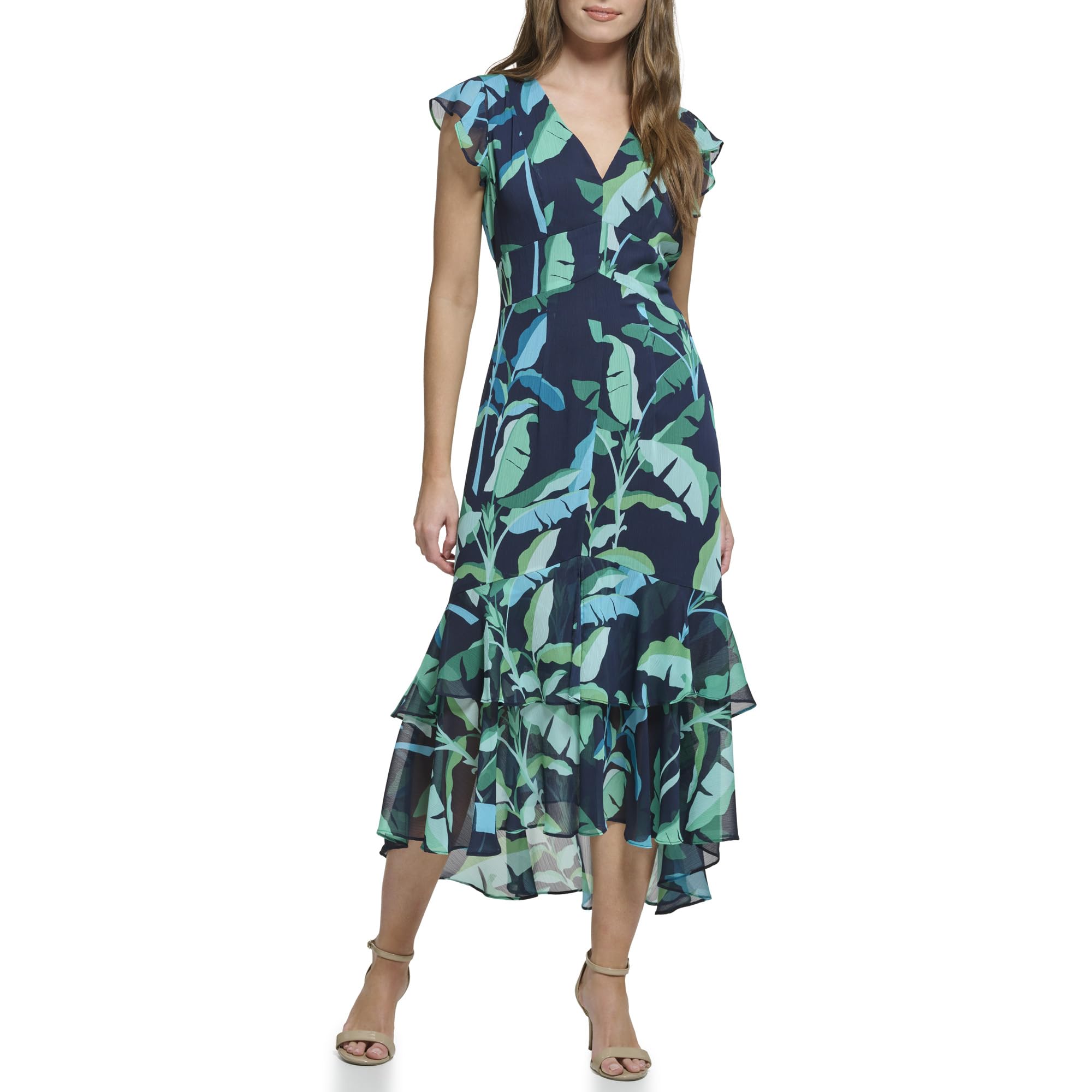 Tommy Hilfiger Women's Flutter Sleeve V-Neck Ruffle Trim Hi-Lo Midi Dress