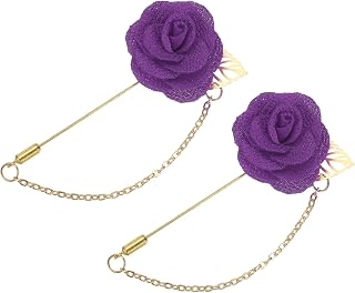 Lapel Pin for Men, Size:4cm Fabric Alloy Rose Shape Lapel Pin with Gold Foil and Edge/Tassel Chain for Groom, Wedding, Pack of 2, Purple