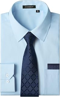 HISDERN Herren Hemd Langarm Einfarbige Hemden mit Krawatte und Taschentuch Formelle Businesshemd Hochzeit Freizeithemd mit Brusttasche Regular Fit