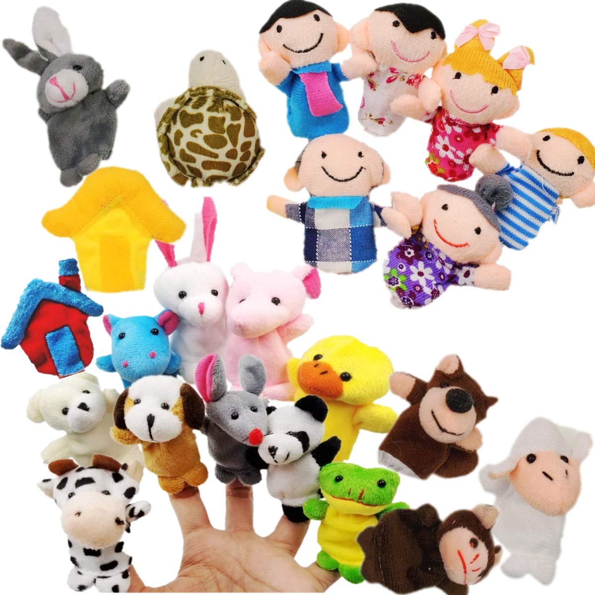 JZK 24 Finger Puppets Set animals family members cute Cloth Plush teaching dolls