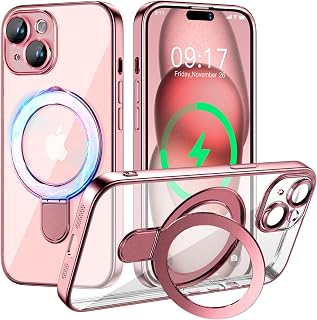 Magnetic for iPhone 15 Plus Case with Invisible Stand[Compatible with MagSafe][Full Camera Lens Protector][Military Drop Protection] Shockproof Not Yellowing Clear Slim Soft for Women Men