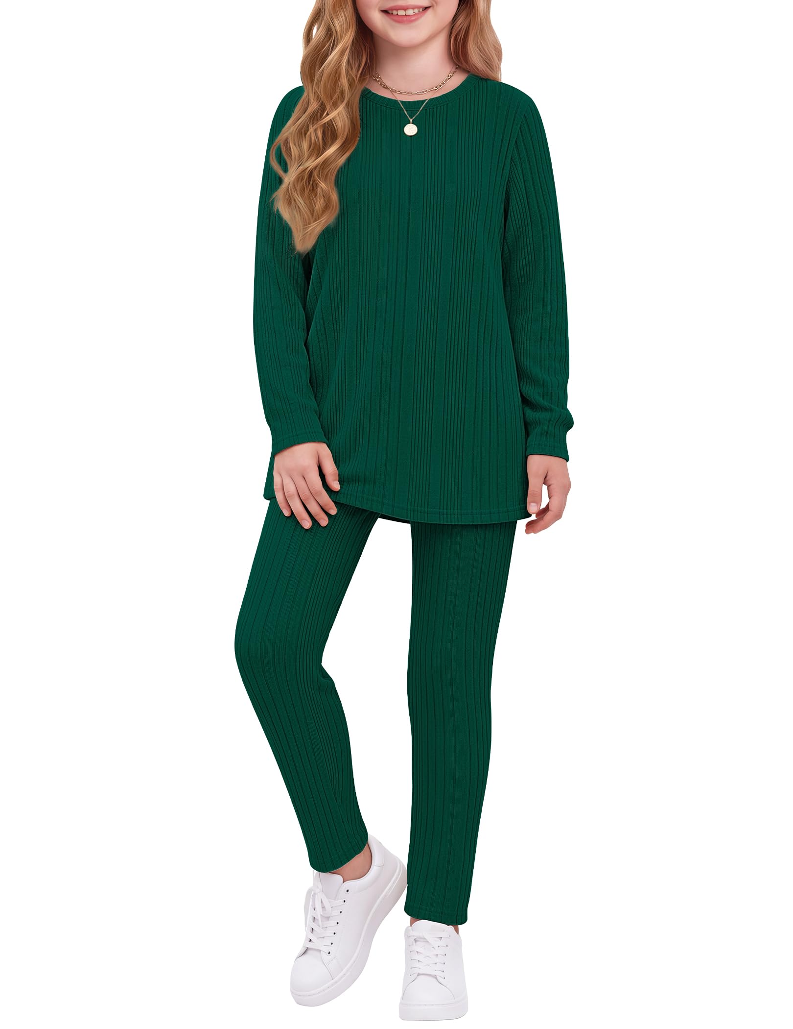 Arshiner Girls 2 Piece Outfits Rib Knit Sweatshirt and Sweatpants Sweatsuit