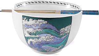 Hagary Wave Ramen Bowl Ceramic Bowl With Chopsticks Japanese Style Udon Miso Noodle Soup Bowls Designed in Korea Housewarming Wedding Gifts 30oz