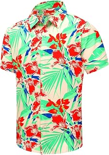 SheLucki Hawaiian Shirt for Men, Unisex Summer Beach Casual Short Sleeve Button Down Shirts, Printed Palmshadow Clothing