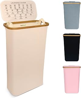 Nest Zest 60L Slim Laundry Basket with Lid, Washing Basket for Laundry, Hamper style Linen Bin with Care Guide & Removable Inner Bag, Dirty Clothes Bin with Sturdy Bamboo Rim and Oxford Fabric (Beige)