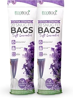 EcoBag - 40 Pack Lavender Scented Kitchen Drawstring Bin Liner - 20L - 24 Microns - Heavy Duty, Extra Strong, Brabantia Compatible, Tear Resistant, Odor Control (420 x 760mm)