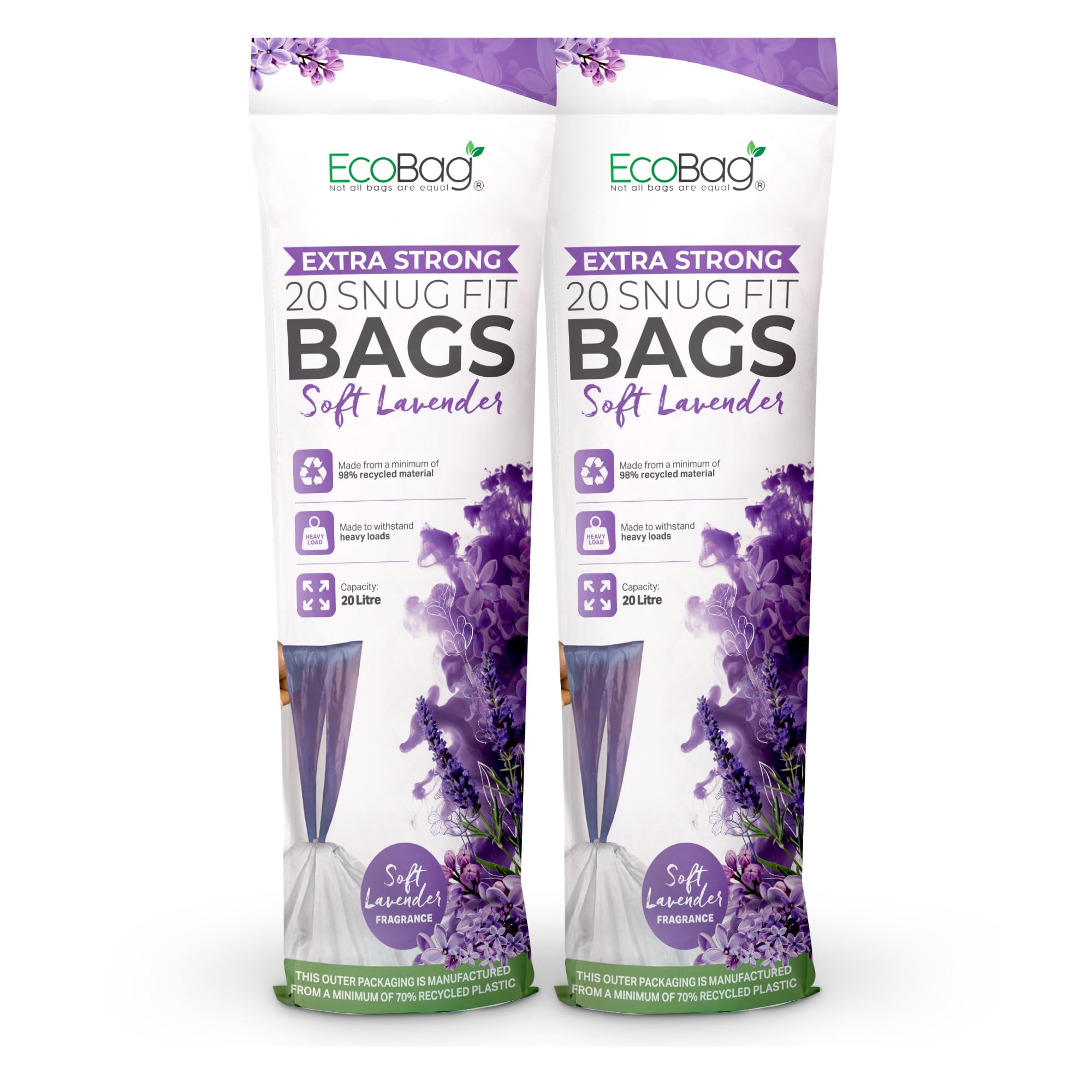 EcoBag - 40 Pack Lavender Scented Kitchen Drawstring Bin Liner - 20L - 24 Micron