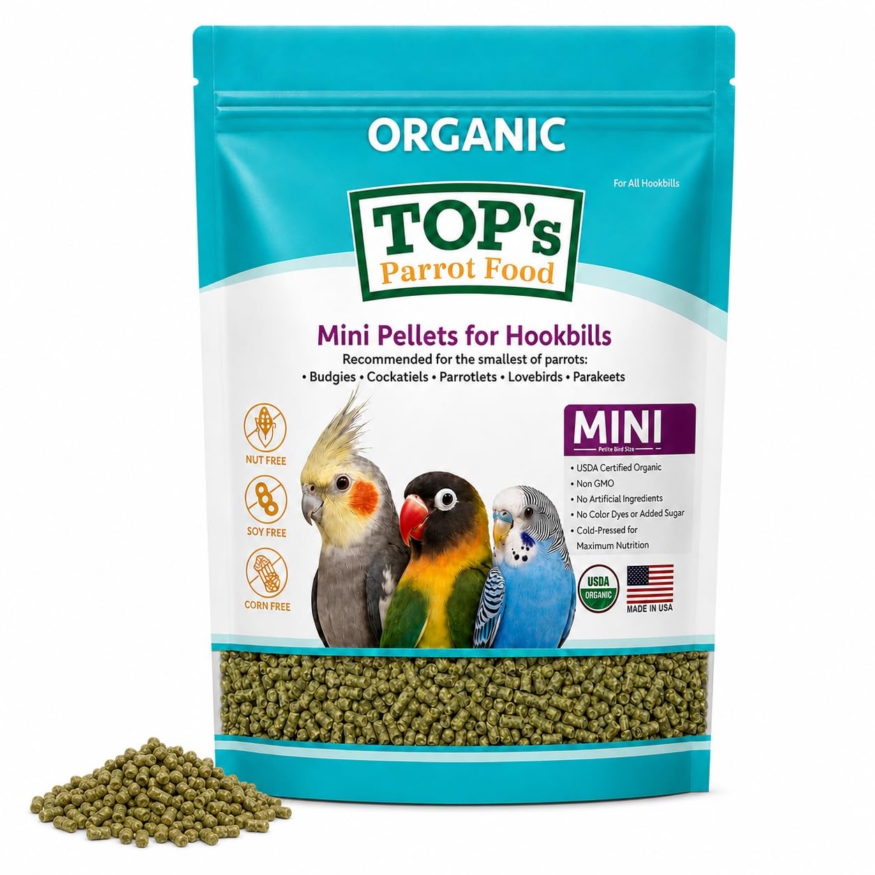 TOP's Mini Parrot Pellets 4 lb, USDA Organic Certified, Non-GMO Bird Food