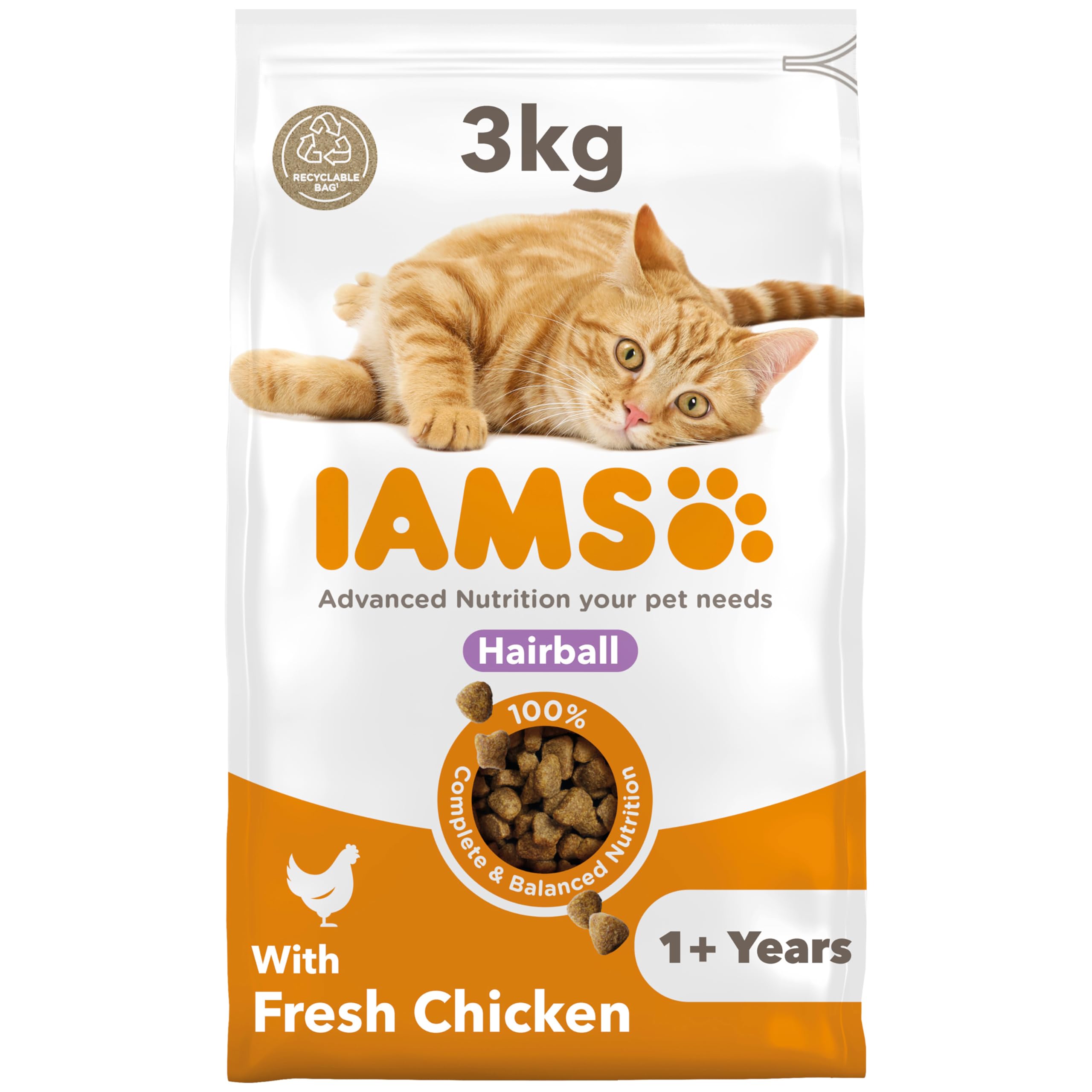 IAMS Hairball Complete Dry Cat Food Chicken 3kg - Significantly Reduces Hairball