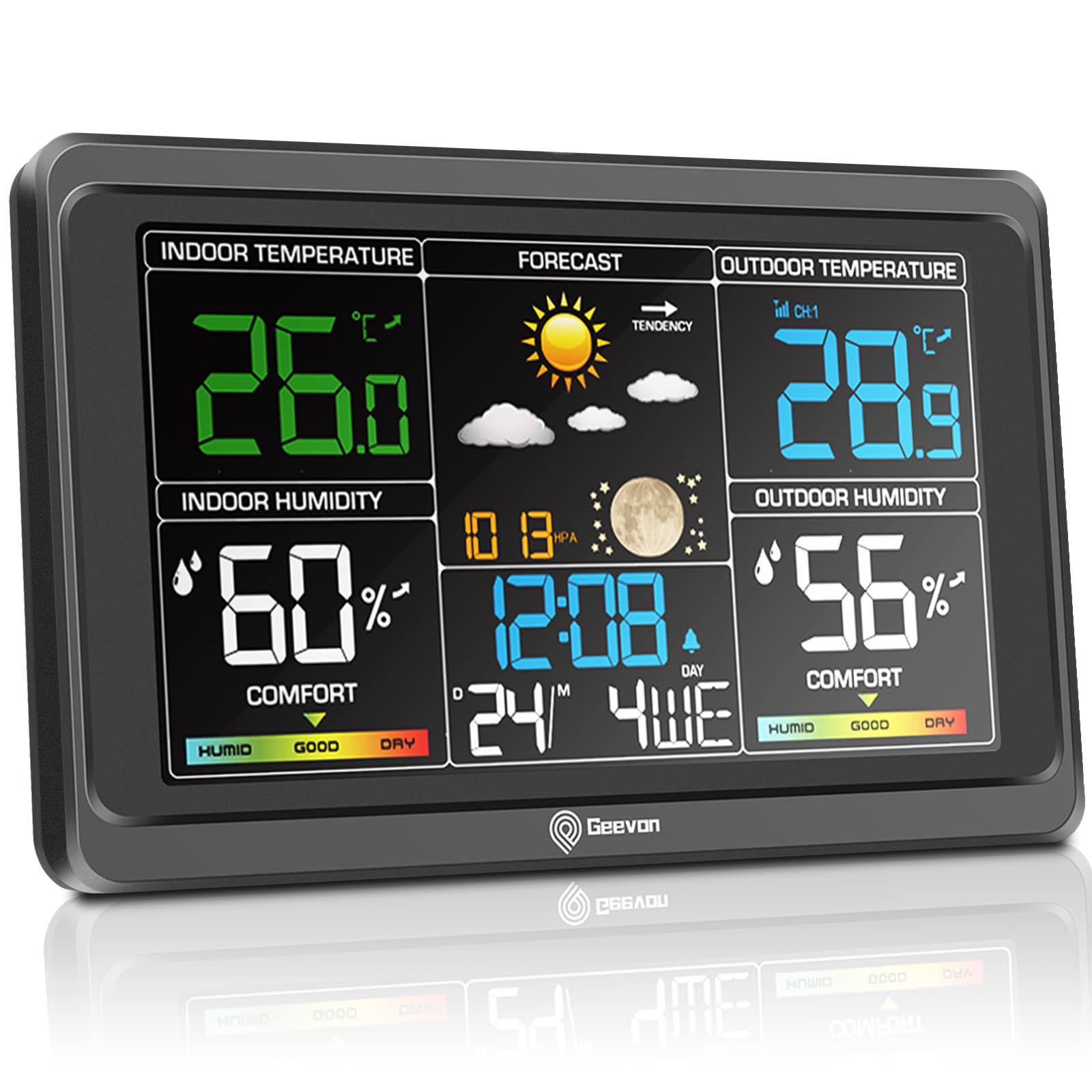 Geevon Weather Station Wireless Indoor Outdoor Thermometer, Large Color Display 