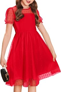 Arshiner Girls Dress Contrast Mesh Puffy Short Sleeve A Line Casual Party Dress 3-12 Years