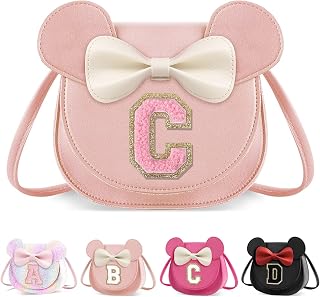 XSUIOY Toddler Purse Girl Wallet for Kids 2-9 Year Old Birthday Gifts,Cute Mouse Ear Bow Crossbody Shoulder Purses,Personalized Initial Purse Toddler Wallet Gifts for Little Girl(pink-C)