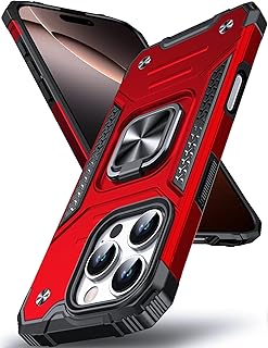 DASFOND for iPhone 16 Pro Case with Stand, Military Grade Full Body Protective Phone Case with 360° Rotatable Metal Ring Kickstand [Support Magnet Mount] Compatible with iPhone 16 Pro, Red