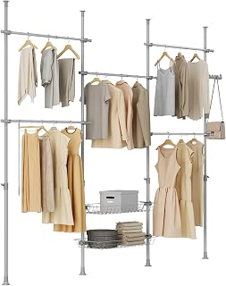SoBuy Telescopic Clothes Rail, Heavy Duty Clothes Rack, Adjustable Open Wardrobe with Hanging Rails & Shelves for Bedroom, Walk-in Closet Grey KLS04-II-HG