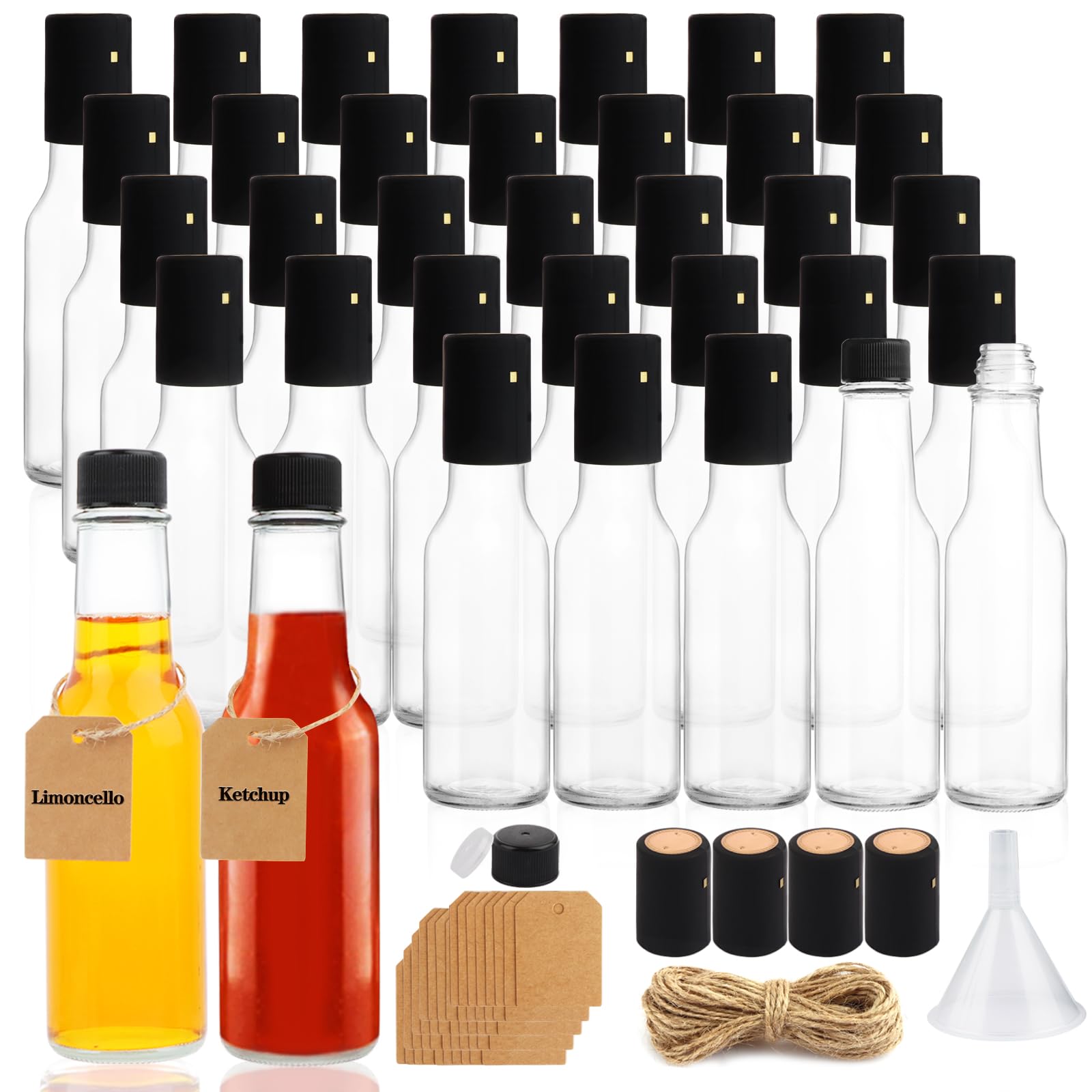 GUANENA 35 Pack 5oz Hot Sauce Bottles, Clear Glass Woozy Bottles with Leak Proof
