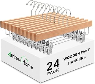 Amber Home 24 Pack Natural Wood Trouser Hangers Solid Wood Trouser Hangers for Trousers, Jeans, Shorts with 2 Adjustable Clips (Natural, Pack of 24)