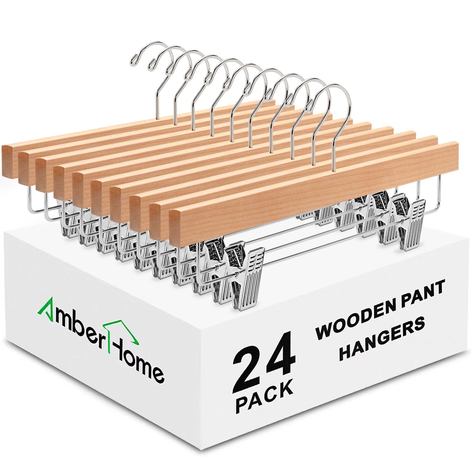 Amber Home 24 Pack Natural Wood Trouser Hangers Solid Wood Trouser Hangers for T