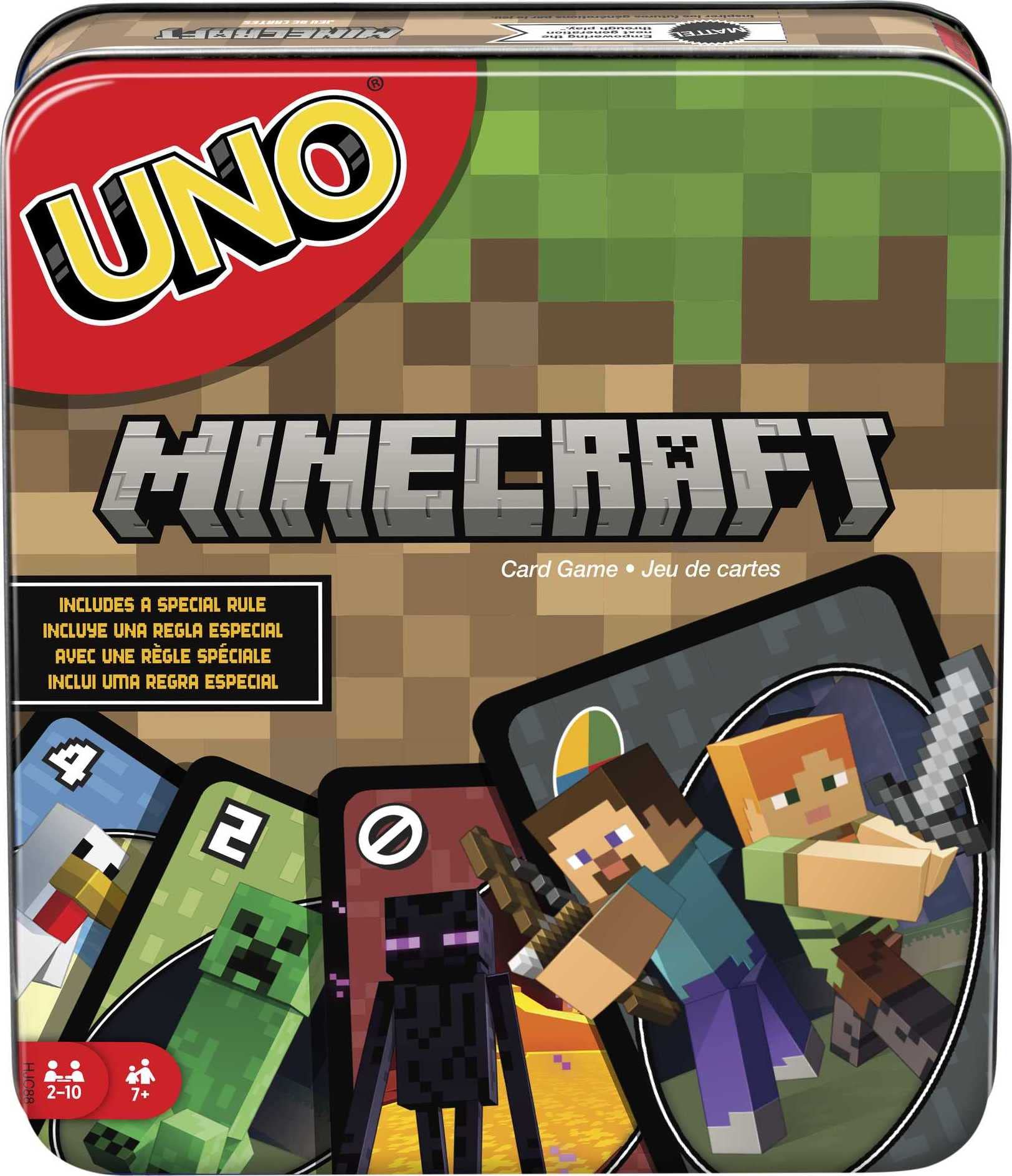 Mattel Games UNO Minecraft Card Game with Storage Tin,Ages 7+ | Video Game Theme