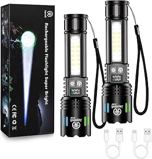 Jayxinli 2 Pack Torches LED Super Bright 1000,000 Lumens Rechargeable | LCD Power Display Dual Switch 7 Modes Zoomable Waterproof For Camping Dog Walking Emergency Outdoor Hiking Pocket Case Home