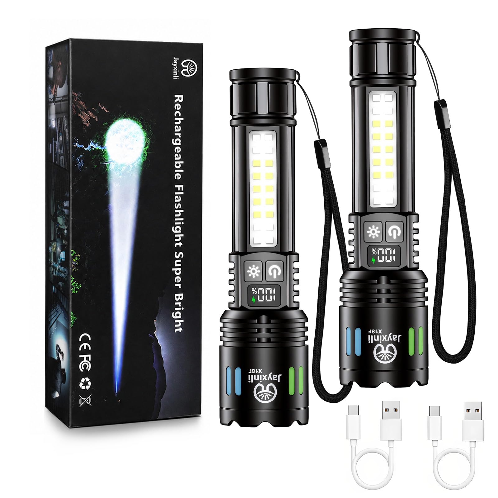 Jayxinli 2 Pack Torches LED Super Bright 1000,000 Lumens Rechargeable | LCD Powe
