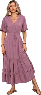 R.Vivimos Womens Summer Cotton Short Sleeve V Neck Floral Print Casual Bohemian Midi Dresses