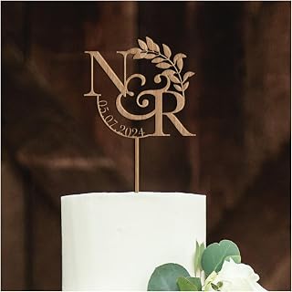Pomchick - Wooden Wedding or Engagement Cake Topper with a Date and Initials Anniversary Personalised Custom Engagement Wood Decor Bridal Shower