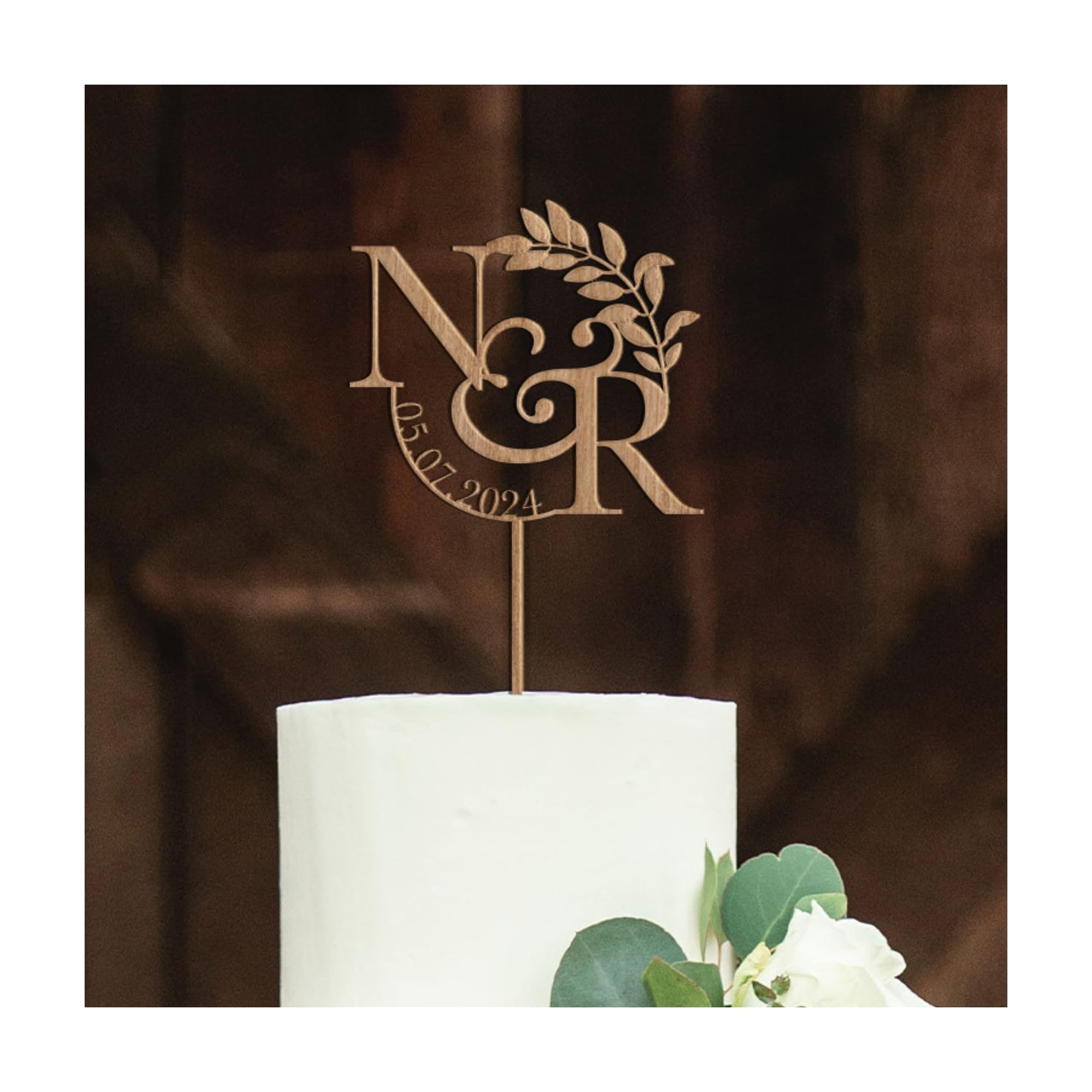 Pomchick - Wooden Wedding or Engagement Cake Topper with a Date and Initials Ann