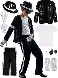Kids King of Pop Musician Sequin Costume for Boys 7-Piece Set Sequin Jacket Striped Pants with Hat Sunglasses Gloves and T-Shirt 80s Music Icon for Halloween Party Stage Performance and Fancy Outfits