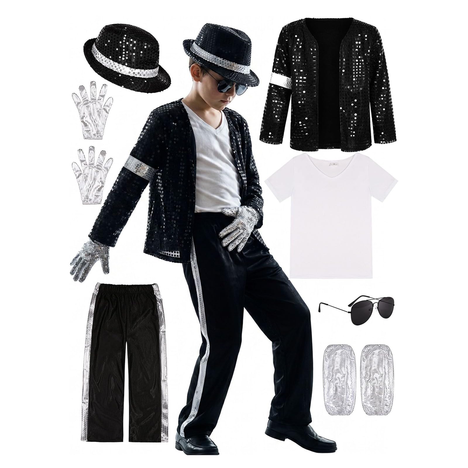 Kids King of Pop Musician Sequin Costume for Boys 7-Piece Set Sequin Jacket Stri