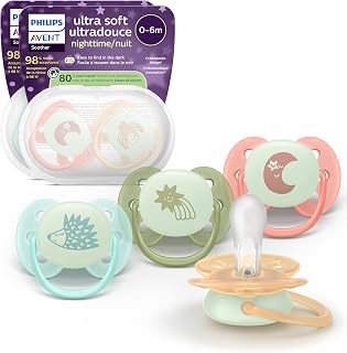 Philips Avent Ultra Soft Nighttime Pacifiers - Orthodontic Design, for Babies 0-6 Months, Glow in the Dark, Flexible Shield, Symmetrical Silicone Nipple, BPA-free, Sterilizing Cases, 4 Pack, SCF094/07