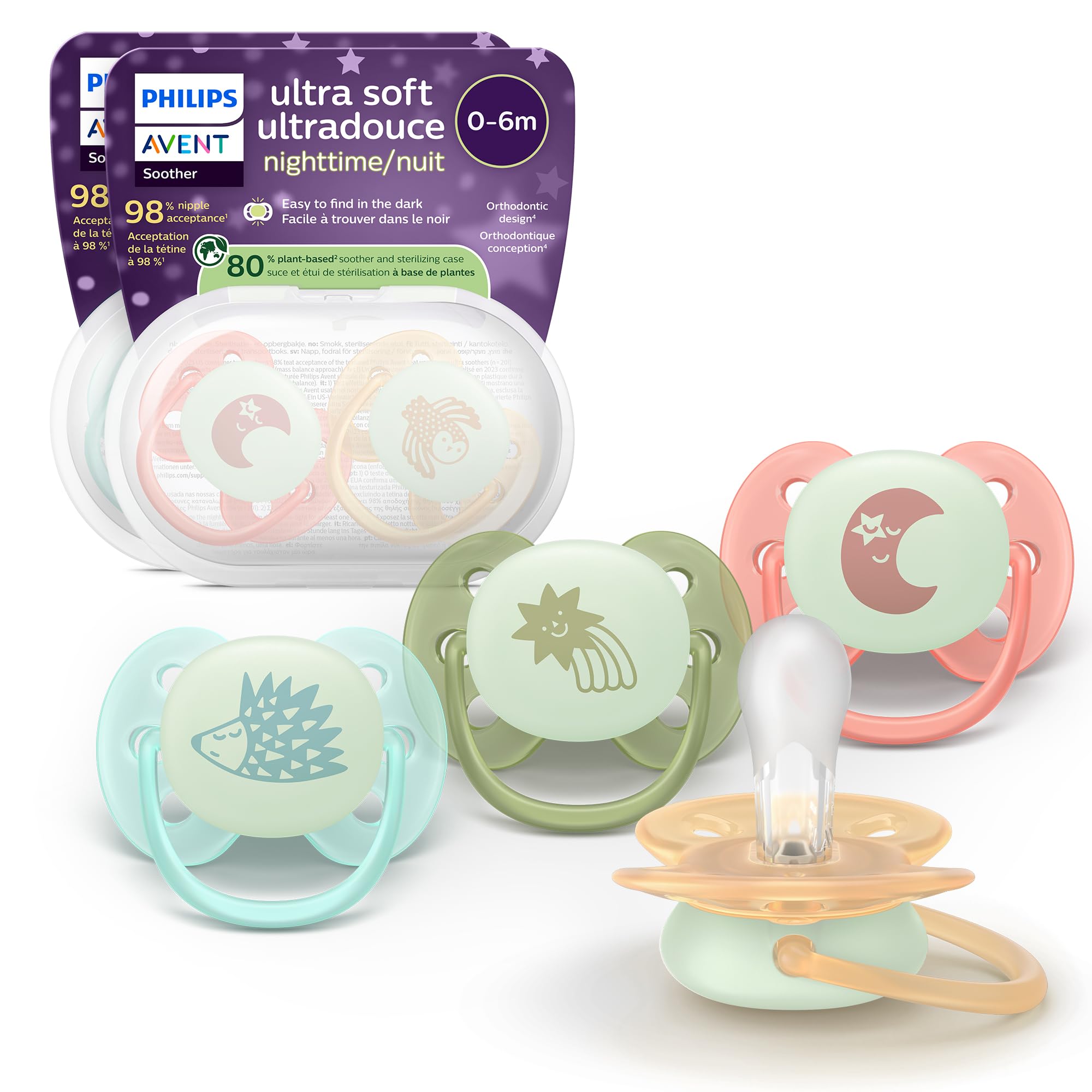 Philips Avent Ultra Soft Nighttime Pacifiers - Orthodontic Design, for Babies 0-