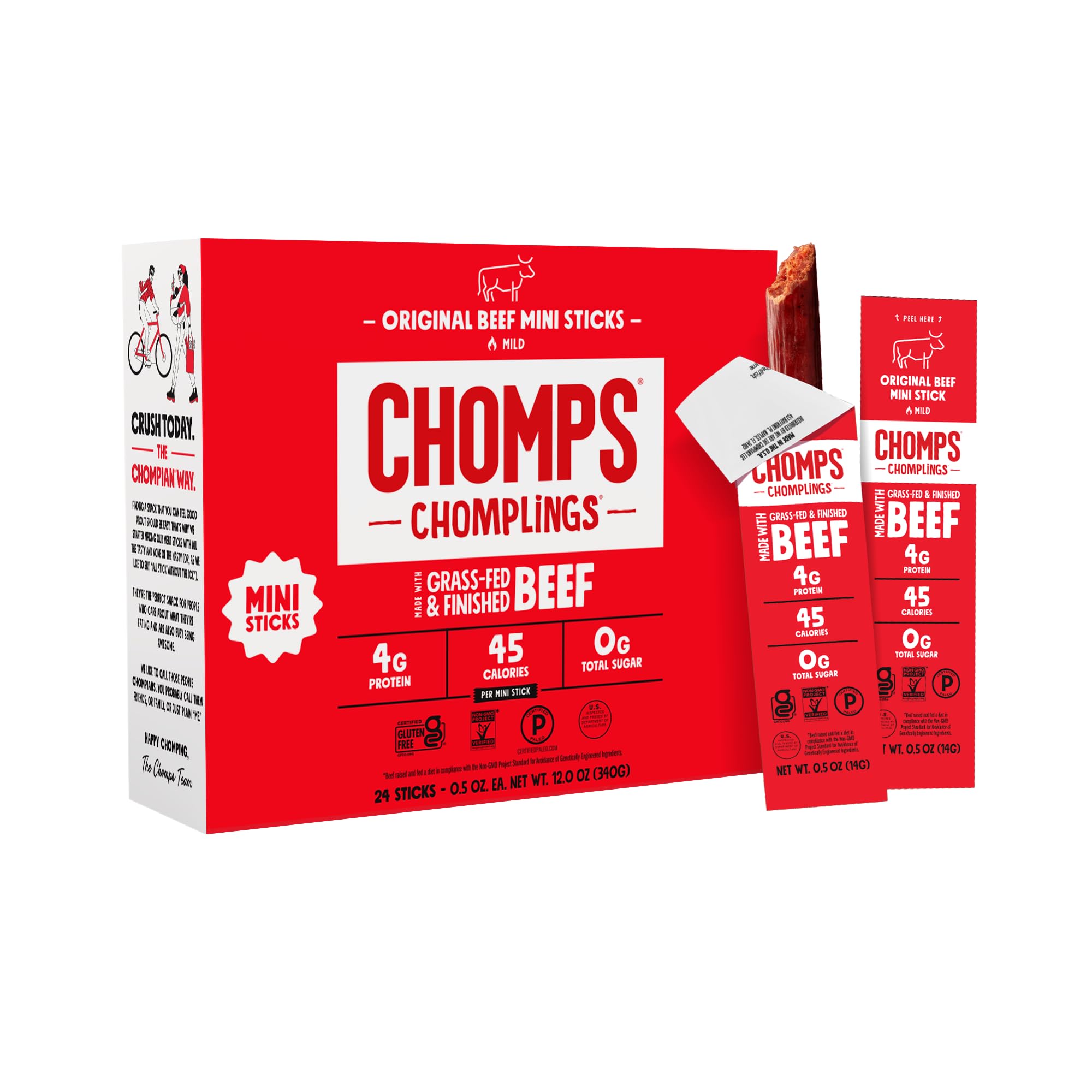 Chomps Original Beef Chomplings, Grass-Fed & Finished, 24ct, Protein Snack | Bee
