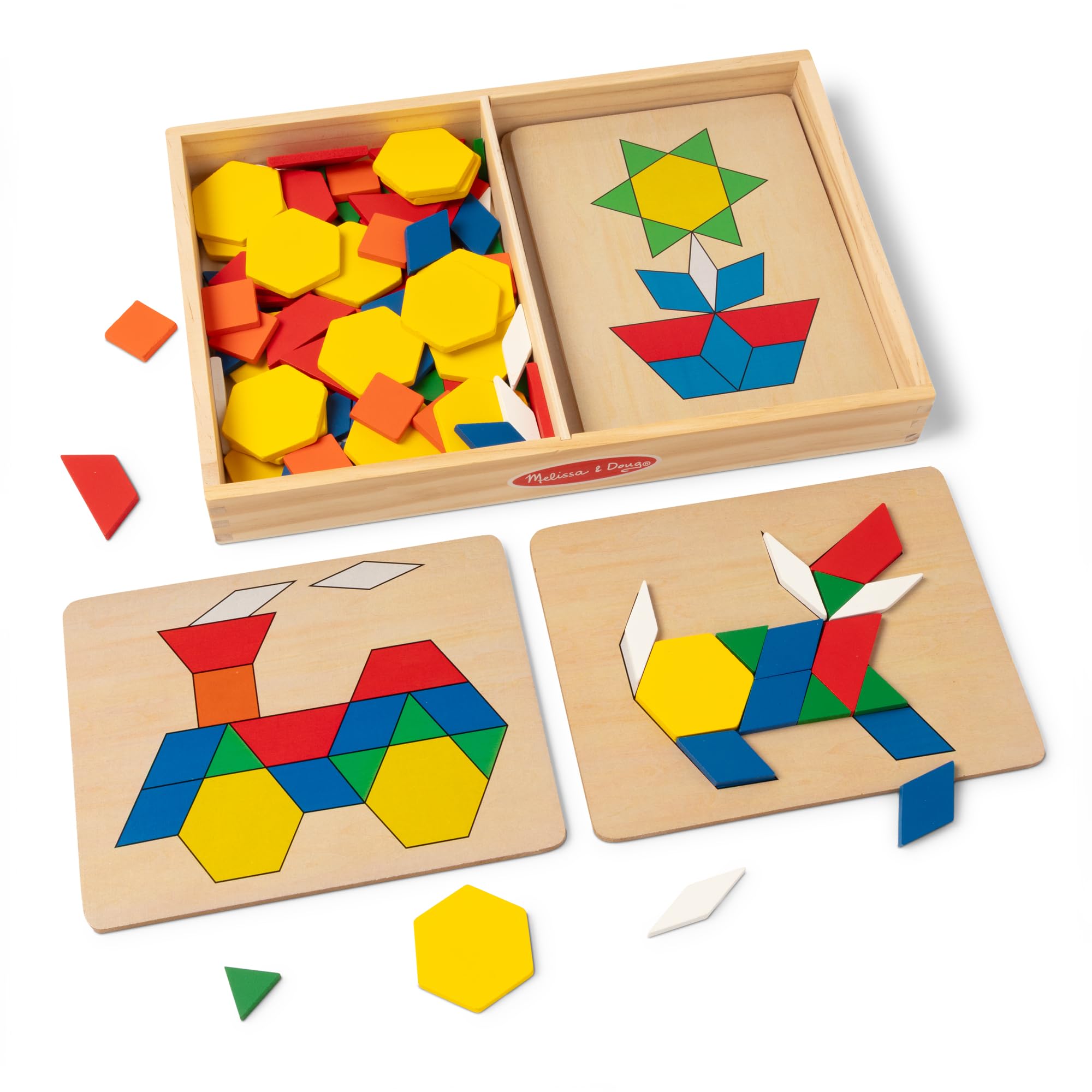 Melissa & Doug Pattern Blocks and Boards with 120 Multi-Colored Wooden Shape Til