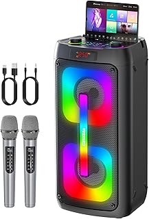 Karaoke Machine Portable Outdoor Speaker with 2 Wireless Microphones | PA System with LED Lights for Camping, Beach, Party, Supports USB TF REC AUX, 6000mAh Battery, Ideal Gifts for Adults