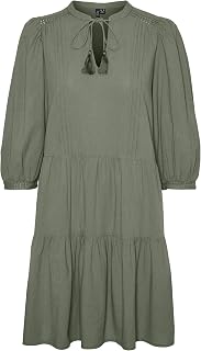 VERO MODA Crepe Short Dress with Drawstring and 3/4 Sleeves Midi Summer Tunic Dress