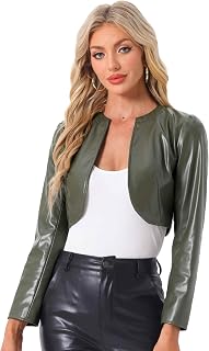 Allegra K Chaqueta de piel sintética para mujer, con frente abierto, manga larga, piel sintética recortada