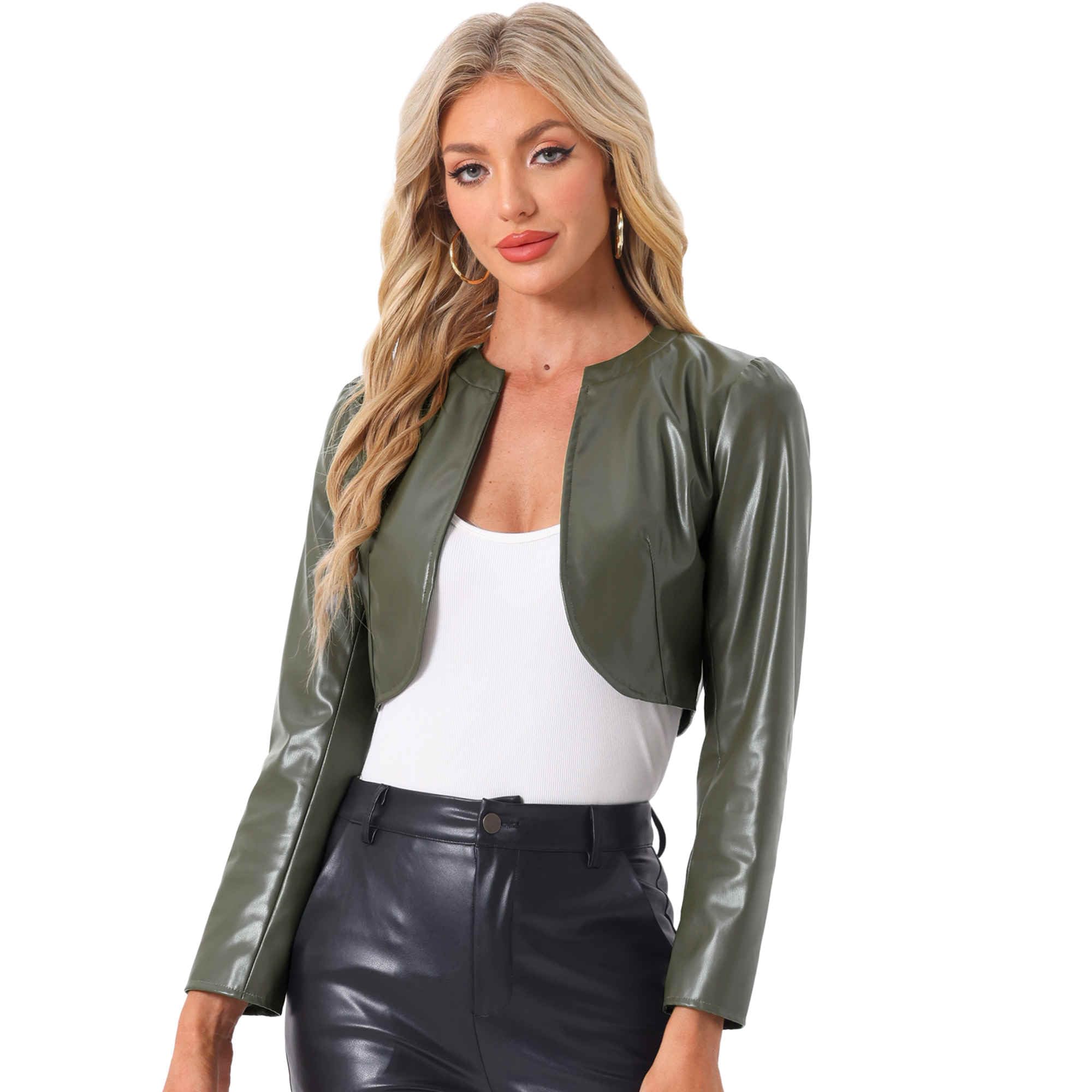 Allegra K Chaqueta de piel sintética para mujer, con frente abierto, manga larga