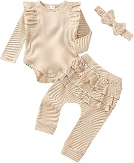 女の赤ちゃん服 新生児 幼児 秋冬 Outifts リブ編み フリル 長袖 ロンパース パンツ アウトフィット セット 3ピース 0-18か月