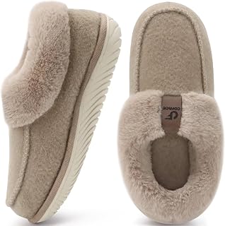 COFACE Women's Arch Support Memory Foam House Slippers Ladies Warm Fuzzy Faux Fur Collar Winter Moccasin Shoes with Orthotic Plantar Fasciitis Indoor Outdoor Hard Rubber Sole
