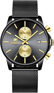 GOLDEN HOUR Men’s Watch Fashion Sport Quartz Analog Mesh Stainless Steel Waterproof Chronograph Watches, Auto Date in Blue/Red/Grey/Gold Hands, Color: Black