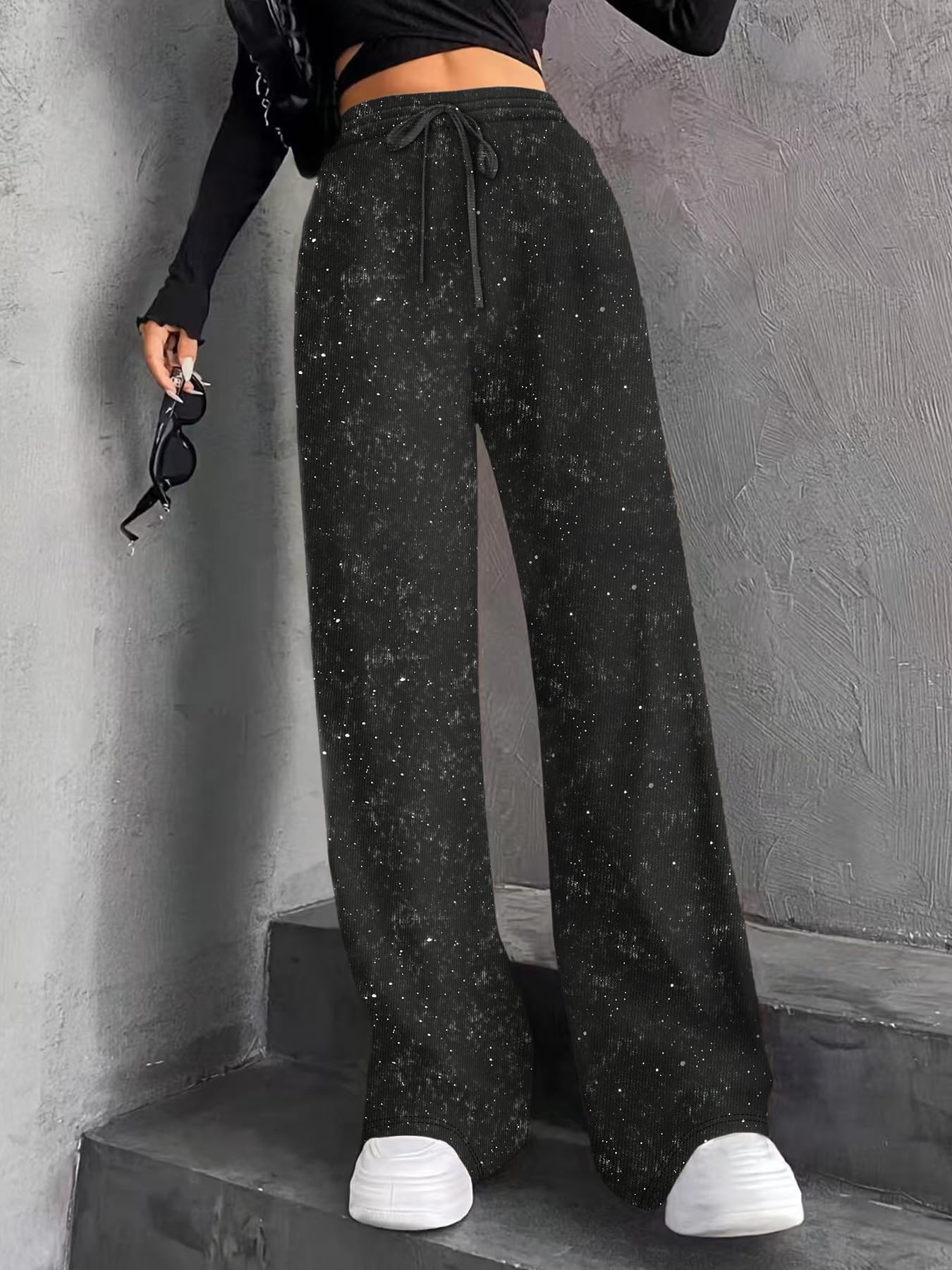 Women Knit High Waist Shiny Wide Leg Loose Pants with Drawstring Design Soft Str