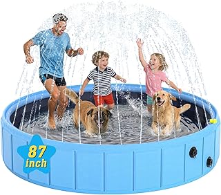 BerrysParadise Foldable Dog Pool with Sprinkler, 87'' Extra Large Non-Slip Dog Swimming Pool, 2-in-1 Outdoor Backyard Pet Bathing Tub with Drain Plug for Dogs Kids Pets Ducks