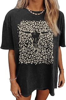 Western Cow Skull Shirts for Women Boho Cowgirl Shirt Vintage Acid Wash Tshirt Oversize Rodeo Graphic Tee Country Top